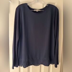 Loft Long-Sleeve Navy Shirt with lace and scallop